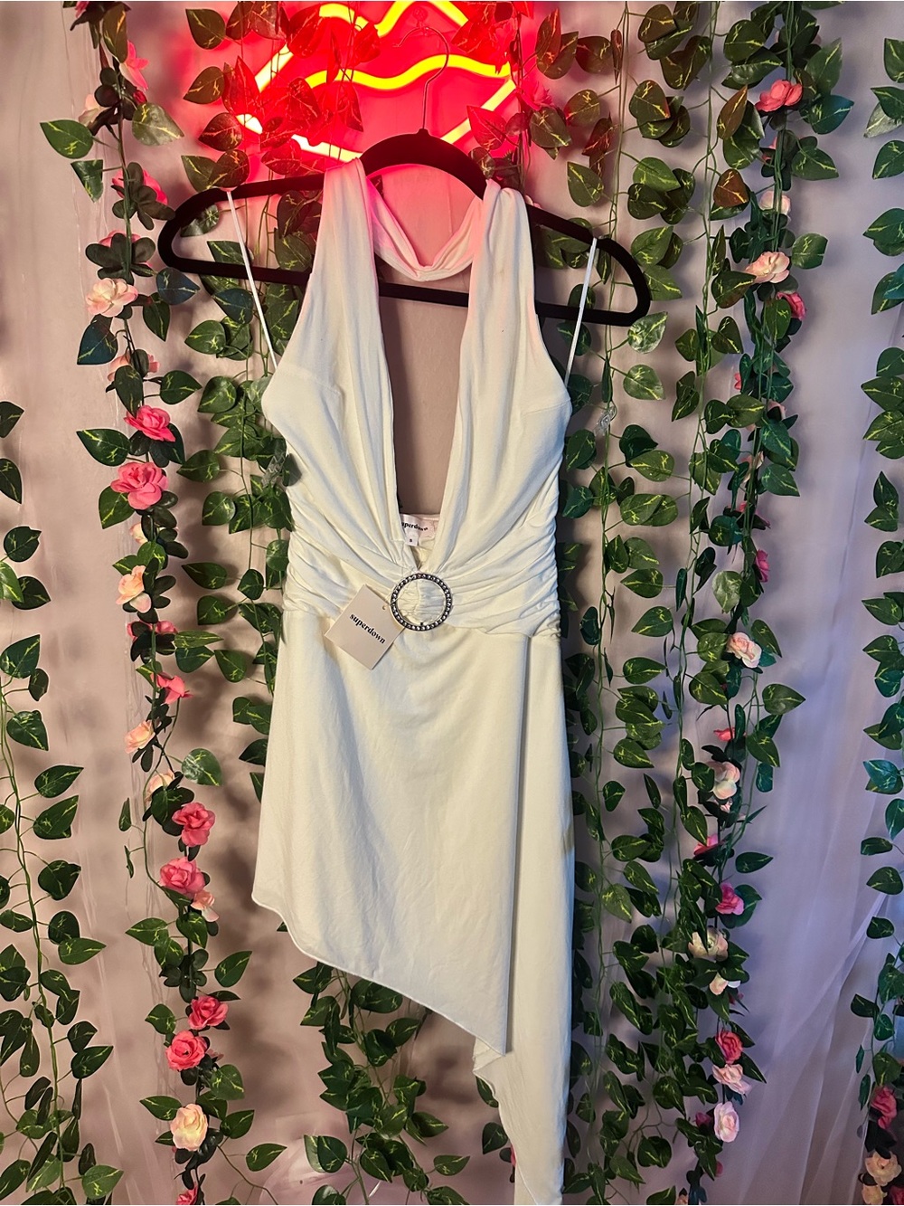 White Halter Asymmetric Dress with Rhinestone Ring